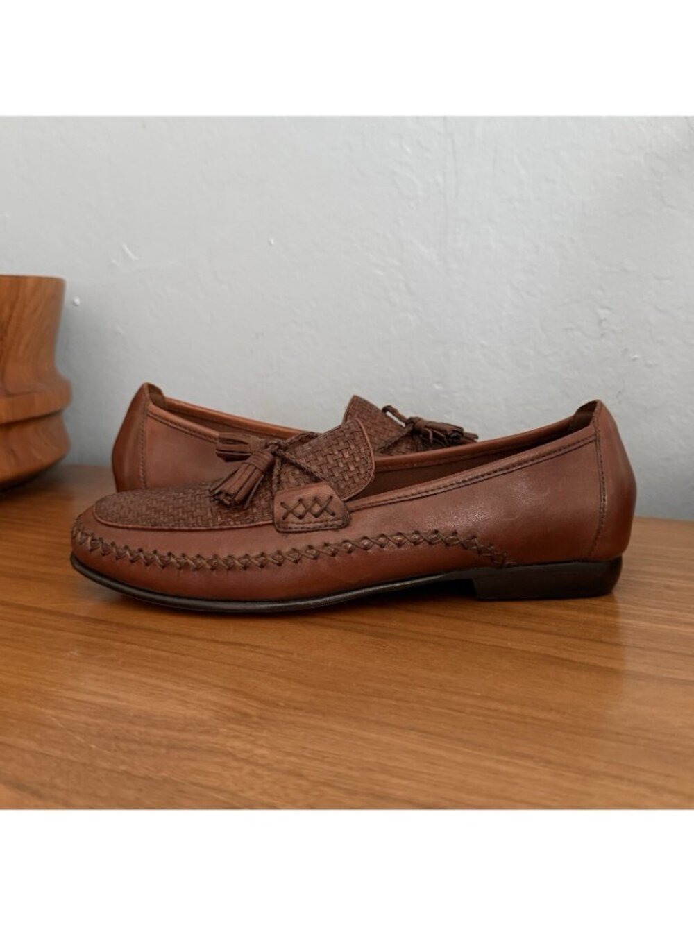 Vintage 90s Cole Haan Country Woven Leather Tassel Loafers Mahogany Brown 8C - Picture 3 of 9